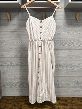 Coastal Boho Midi Dress Size M Striped Button Front Sleeveless Beach Cottagecore